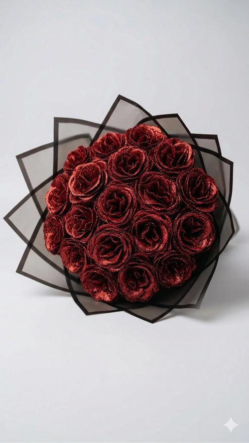 Vörös örök rózsa, csillogós rózsacsokor, romantikus ajándék alkalmakra
