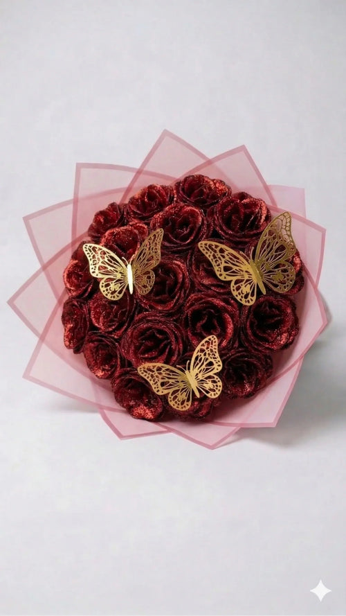 Vörös örök rózsa csokor, csillogós rózsa, ajándék, romantikus dekoráció