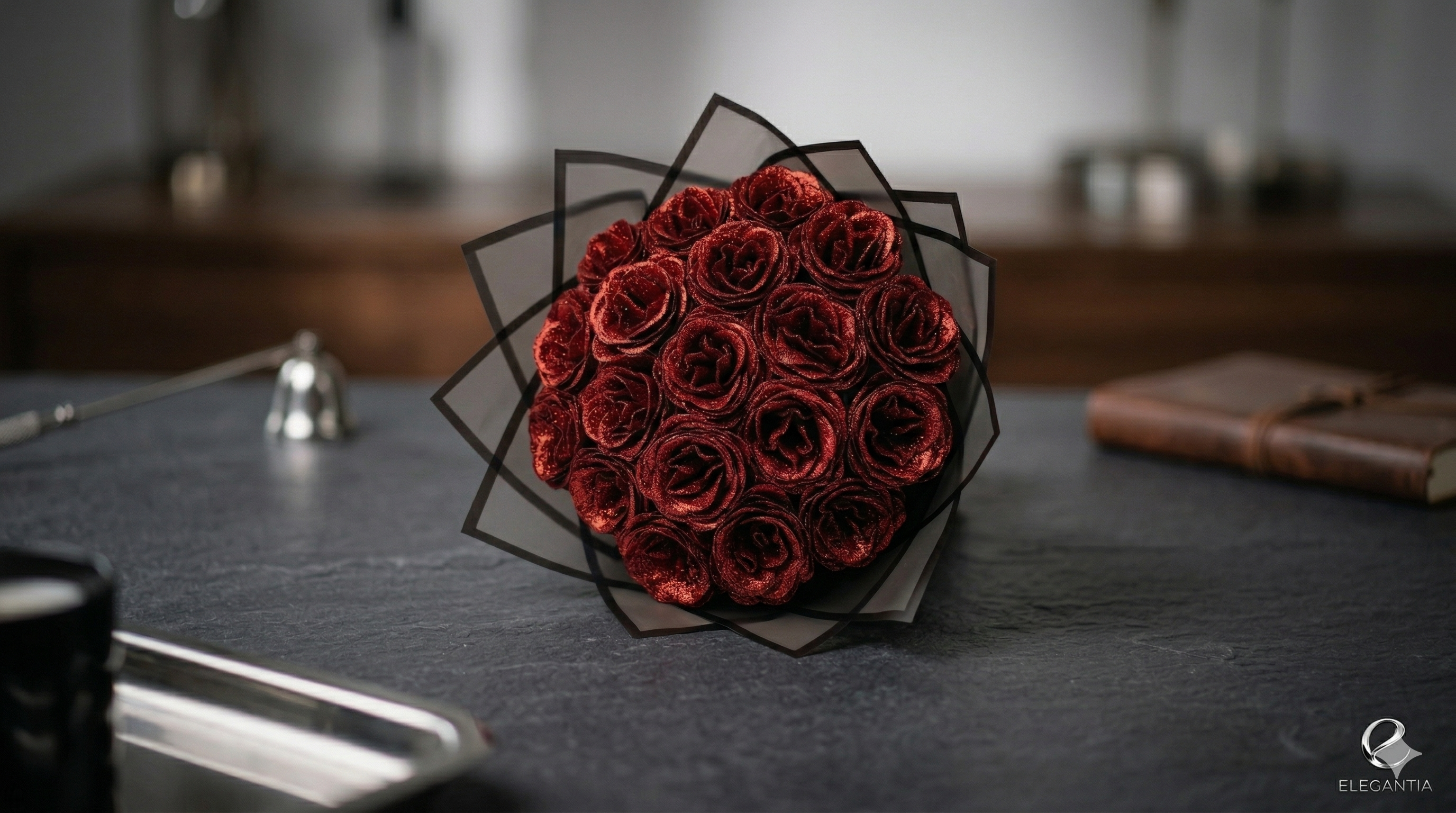 Vörös örök rózsa csokor, csillogós rózsa, romantikus ajándék, rózsacsokor